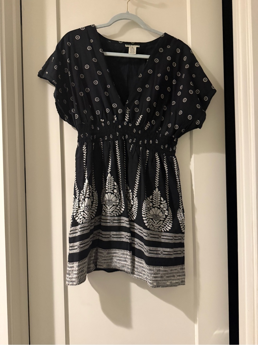 Women's Navy and White V-Neck Smocked Waist Mini Dress